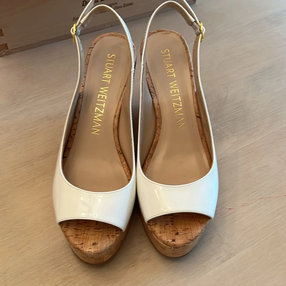 Stuart Weitzman White Patent Slingback Coated Cork Wedge
